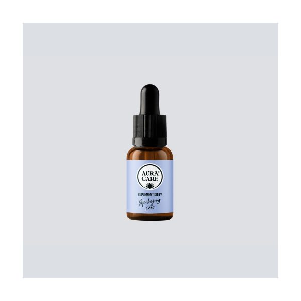Aura Care Adaptogeny krople z melatoniną, ashwagandhą i melisą, 15 ml:zbliżenie na samą butelkę z kroplomierzem