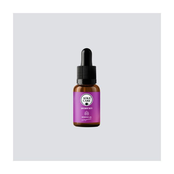 Aura Care Esencja Kolagenowa 50ml: sama butelka z kroplomierzem na jasnym tle, fioletowa etykieta