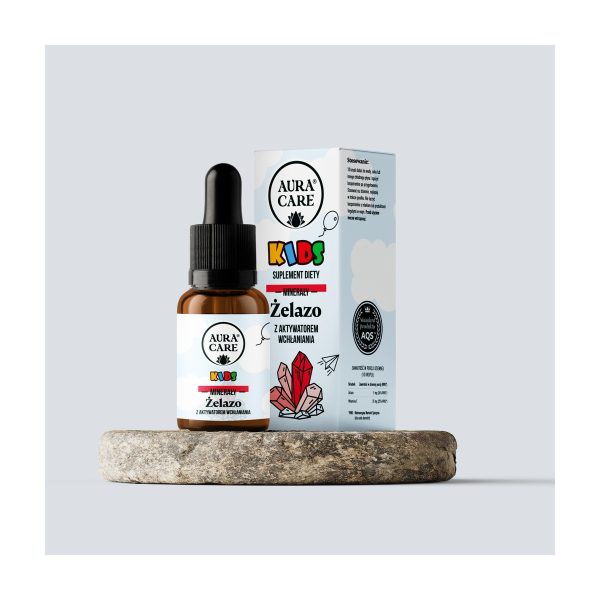 Aura Care Kids Żelazo 15ML: butelka z kroplomierzem i pudełko dla dzieci na kamieniu