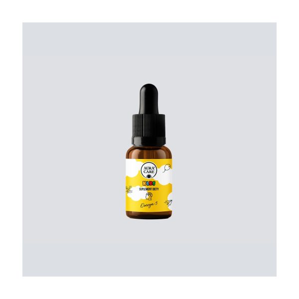 Aura Care Omega-3 dla dzieci: samodzielna buteleczka z kroplomierzem na szarym tle Aura Care Omega-3 dla dzieci: samodzielna buteleczka z kroplomierzem na szarym tle