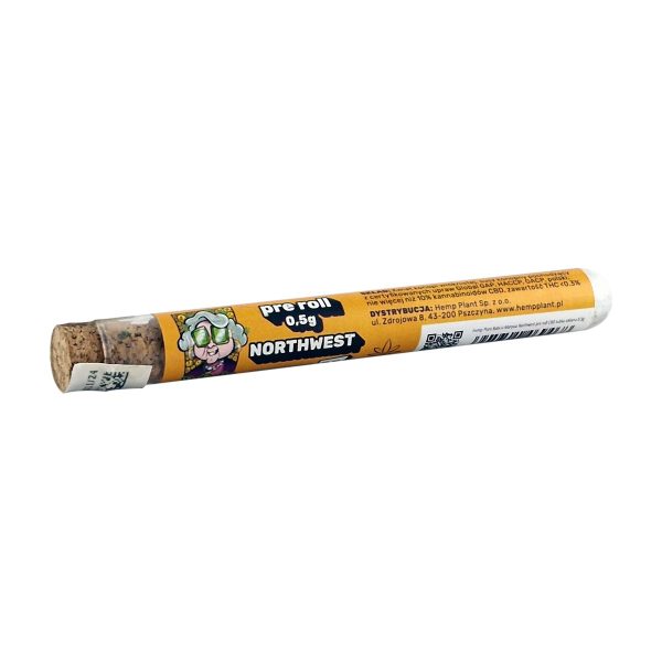 Babcia Marysia Northwest JOINT: tuba pre-roll z etykietą Northwest leżąca obok jointa Babcia Marysia Northwest JOINT: tuba pre-roll z etykietą Northwest leżąca obok jointa