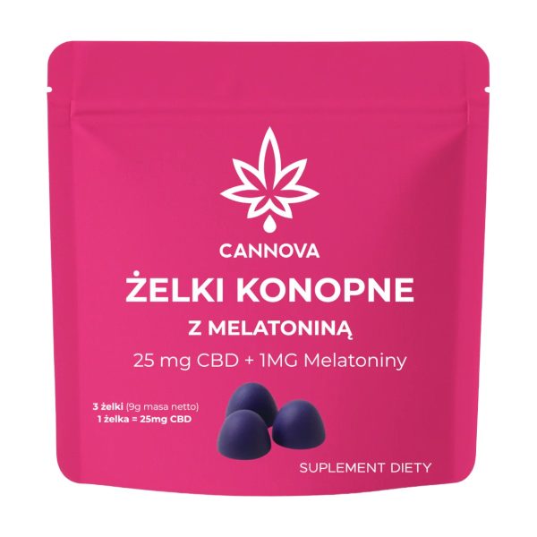 CANNOVA + melatonina CBD 25 mg/szt. 3 szt.: różowa saszetka z żelkami na jasnym tle