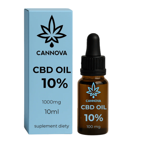 CANNOVA CBD Oil 10%: jasnoniebieskie pudełko z napisem 1000 mg i 10 ml obok brązowej butelki z zakraplaczem
