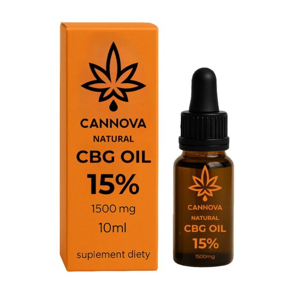 CANNOVA Natural CBG Oil 1500 mg - 15% - 10ml: pudełko i buteleczka z kroplomierzem CANNOVA Natural CBG Oil 1500 mg - 15% - 10ml: pudełko i buteleczka z kroplomierzem