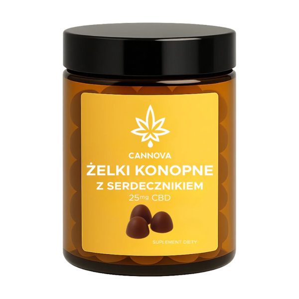 CANNOVA + serdecznik żelki CBD 25mg/szt. 60 szt.: słoik z czarną nakrętką na jasnym tle CANNOVA + serdecznik żelki CBD 25mg/szt. 60 szt.: słoik z czarną nakrętką na jasnym tle