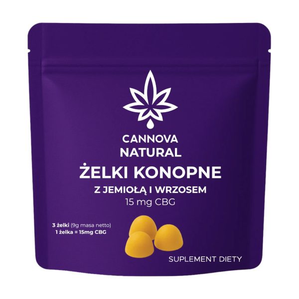 CANNOVA + wrzos i jemioła żelki CBG 15mg/szt. 3 szt.: fioletowa saszetka z żelkami na jasnym tle
