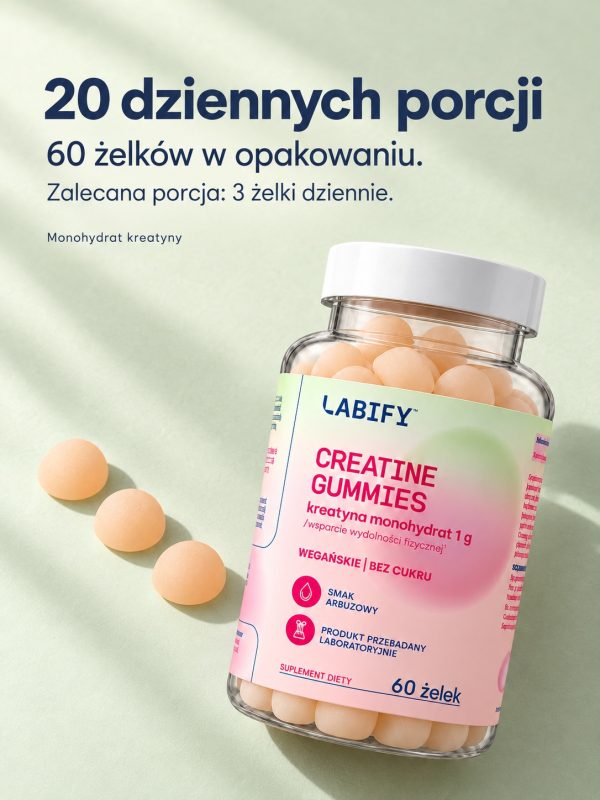 Creatine Gummies: 20 dziennych porcji, 60 żelków w opakowaniu, zalecana porcja 3 żelki dziennie