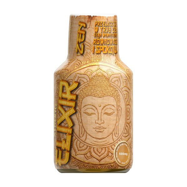 Elixir Panoramixa Zen, shot konopny 100 ml: złota butelka z wizerunkiem Buddy i napisem ELIXIR na jasnym tle