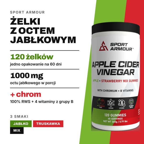 Żelki z octem jabłkowym Sport Armour: 120 żelków, 1000 mg octu w porcji, chrom i witaminy z grupy B