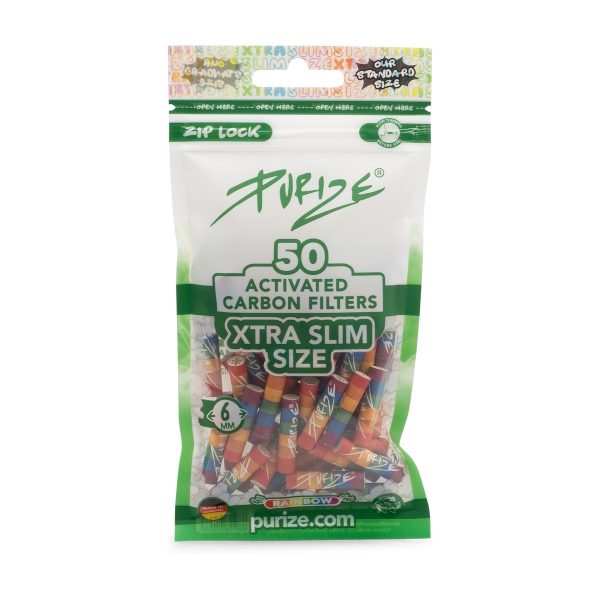 Filtry weglowe Purize XTRA Slim Rainbow: zamkniete opakowanie zip-lock z 50 kolorowymi filtrami widocznymi przez folie Filtry weglowe Purize XTRA Slim Rainbow: zamkniete opakowanie zip-lock z 50 kolorowymi filtrami widocznymi przez folie