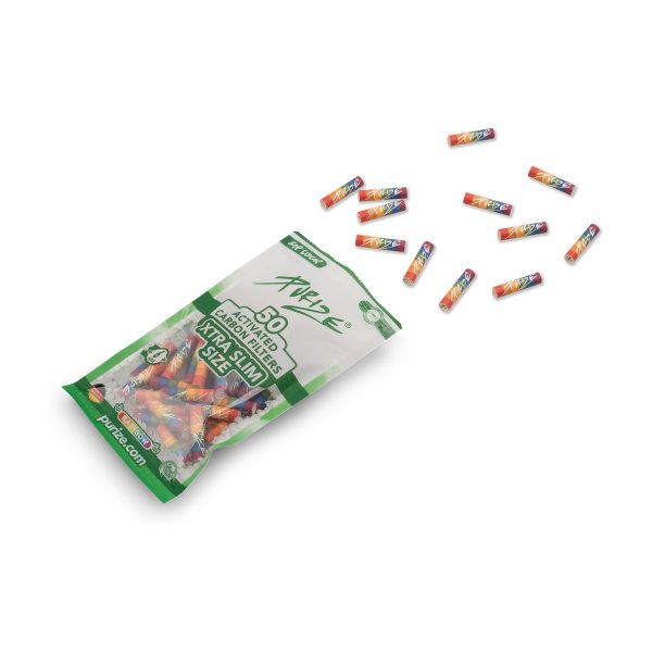 Filtry weglowe Purize XTRA Slim Rainbow: otwarte opakowanie z kolorowymi filtrami wysypujacymi sie na zewnatrz Filtry weglowe Purize XTRA Slim Rainbow: otwarte opakowanie z kolorowymi filtrami wysypujacymi sie na zewnatrz