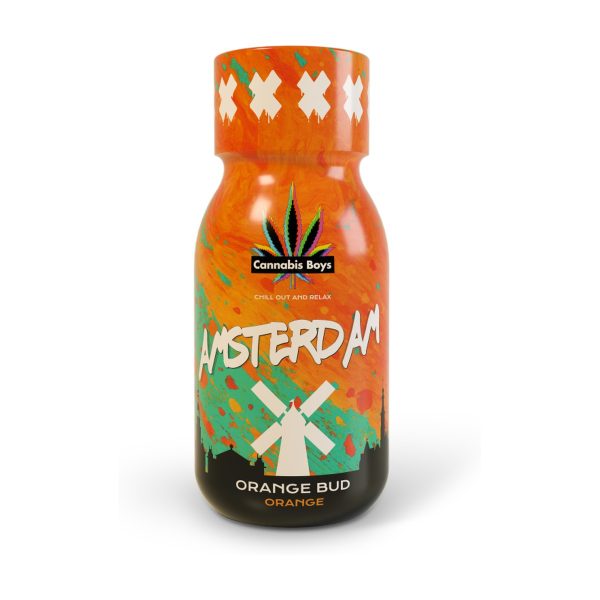 Hemp Shot Cannabis Boys Amsterdam Orange Bud: butelka na jednolitym szarym tle