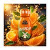 Hemp Shot Cannabis Boys Amsterdam Orange Bud: butelka wśród plastrów pomarańczy i rozbryzgów soku