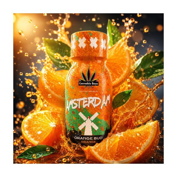 Hemp Shot Cannabis Boys Amsterdam Orange Bud: butelka wśród plastrów pomarańczy i rozbryzgów soku