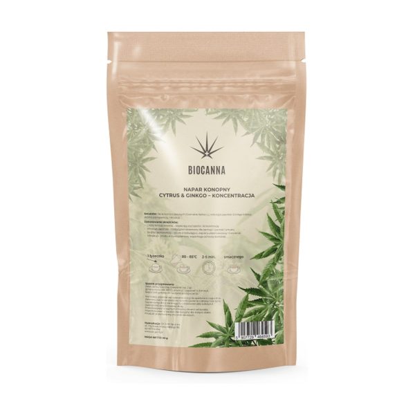Herbata Konopna Cytrus & Ginkgo, 50 g:tył opakowania ze składem i kodem kreskowym Herbata Konopna Cytrus & Ginkgo, 50 g:tył opakowania ze składem i kodem kreskowym