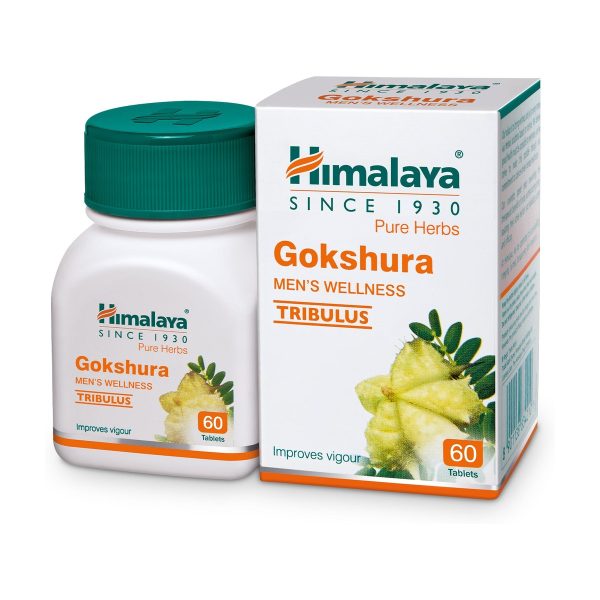 Himalaya Gokshura 60 tabletek: butelka i pudełko na białym tle Himalaya Gokshura 60 tabletek: butelka i pudełko na białym tle