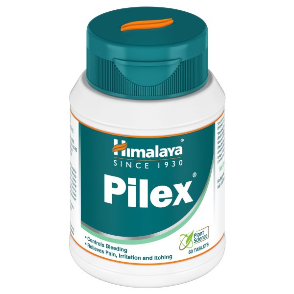 Himalaya Pilex: butelka 60 tabletek z zieloną nakrętką na białym tle