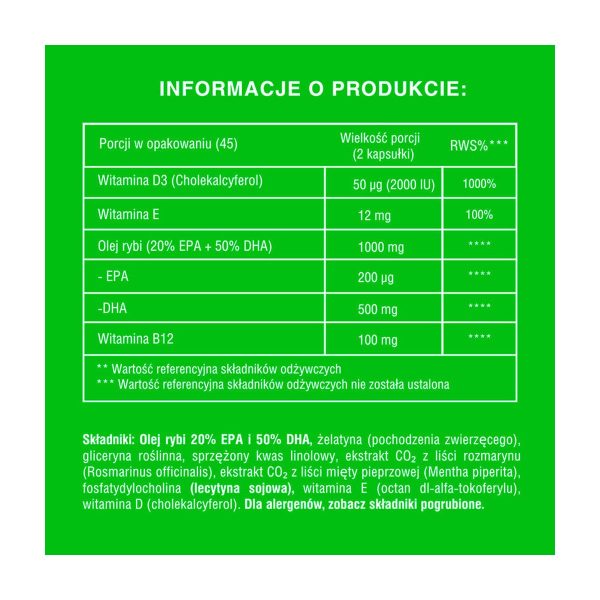 Kapsułki Omega-3 & Vitamin D3 Complex Soft Gel 90szt: tabela wartości odżywczych i skład na etykiecie