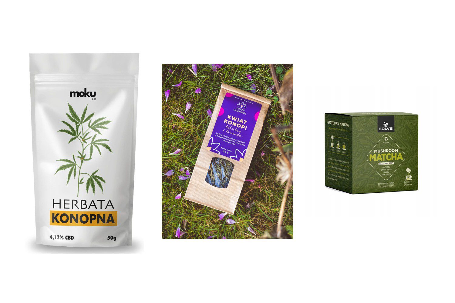 Herbaty: zdjęcia produktów mokuLAB, GreenMornings, Solve Labs na białym tle