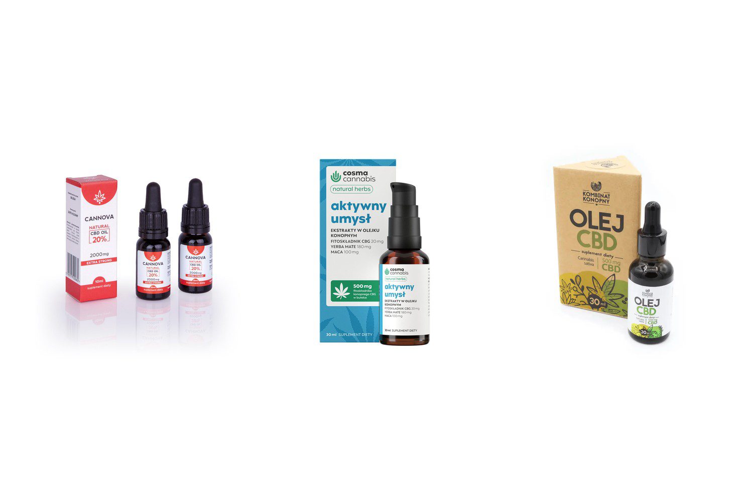 Olejki: zdjęcia produktów Cannova, Cosma Cannabis, Kombinat Konopny na białym tle