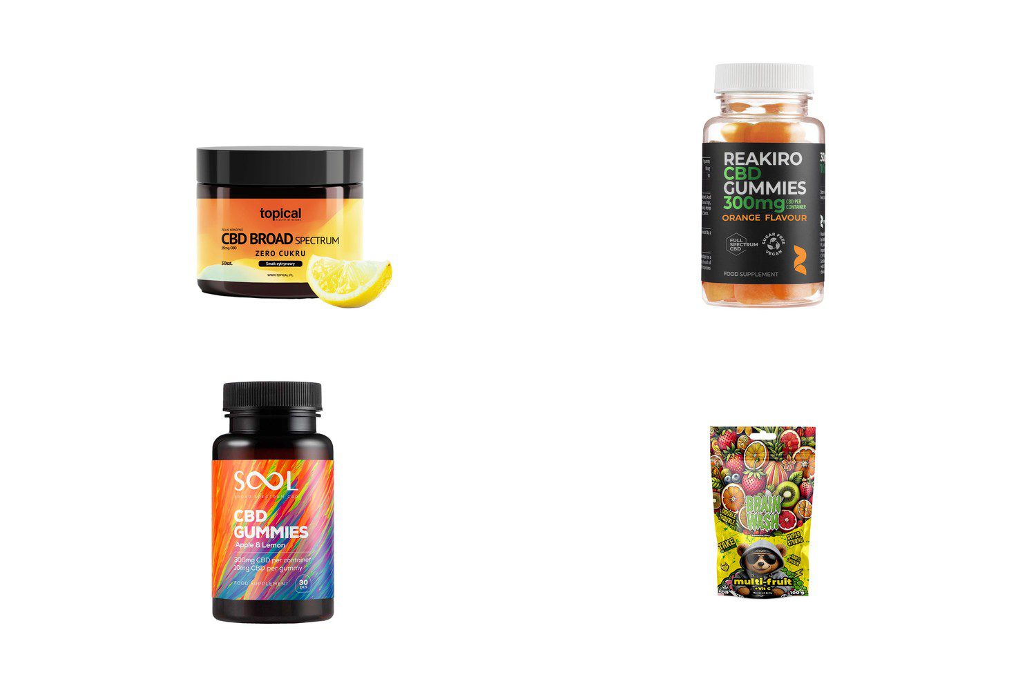 Żelki konopne: zdjęcia produktów Topical, reakiro, SOOL, Brain Wash na białym tle