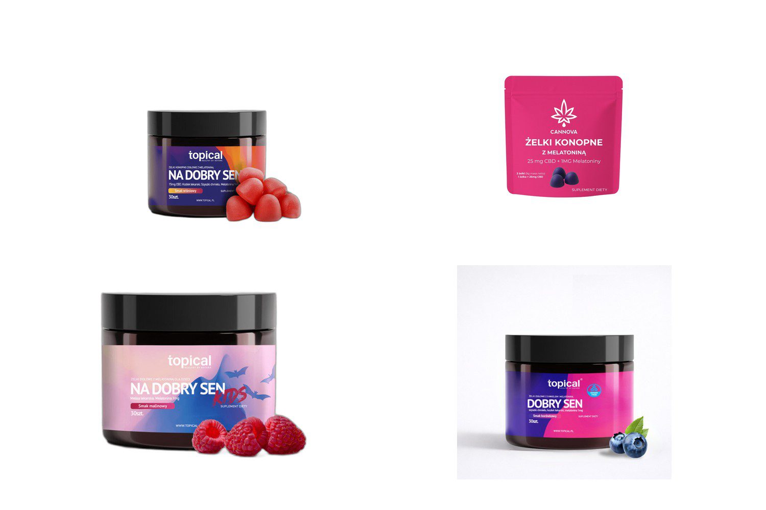 Żelki na sen: zdjęcia produktów Topical, Cannova na białym tle
