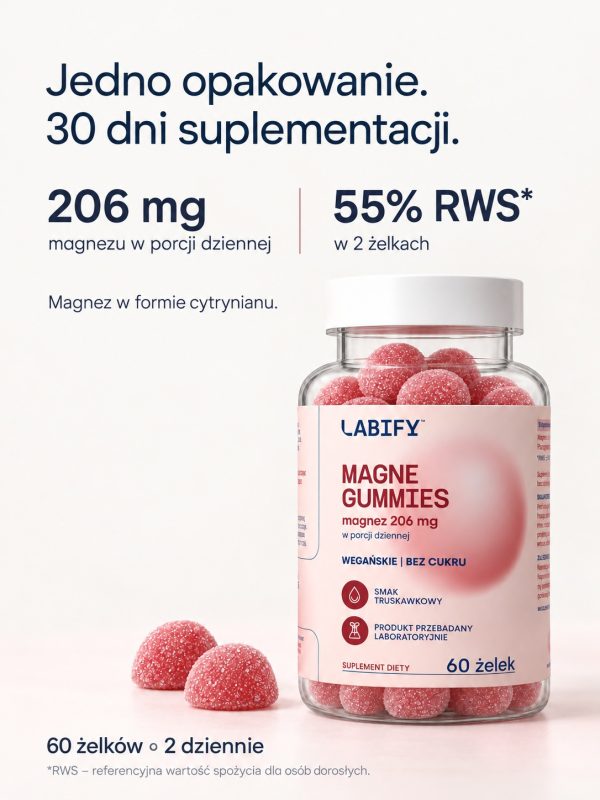 Magne Gummies: jedno opakowanie na 30 dni, 206 mg magnezu w 2 żelkach, 55% RWS, magnez w formie cytrynianu Magne Gummies: jedno opakowanie na 30 dni, 206 mg magnezu w 2 żelkach, 55% RWS, magnez w formie cytrynianu