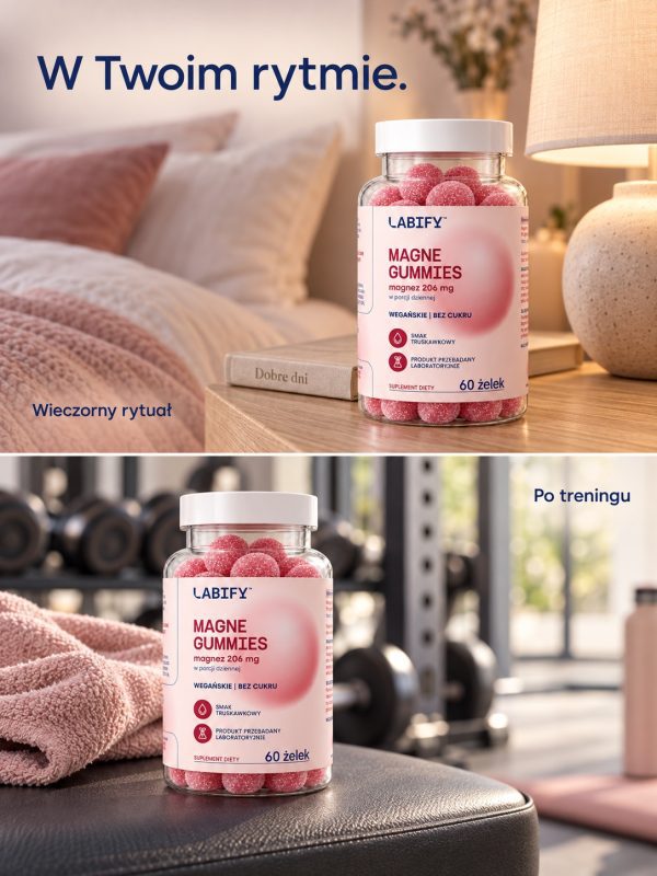 Słoik Magne Gummies na szafce nocnej i na ławce w siłowni, napis: W Twoim rytmie Słoik Magne Gummies na szafce nocnej i na ławce w siłowni, napis: W Twoim rytmie