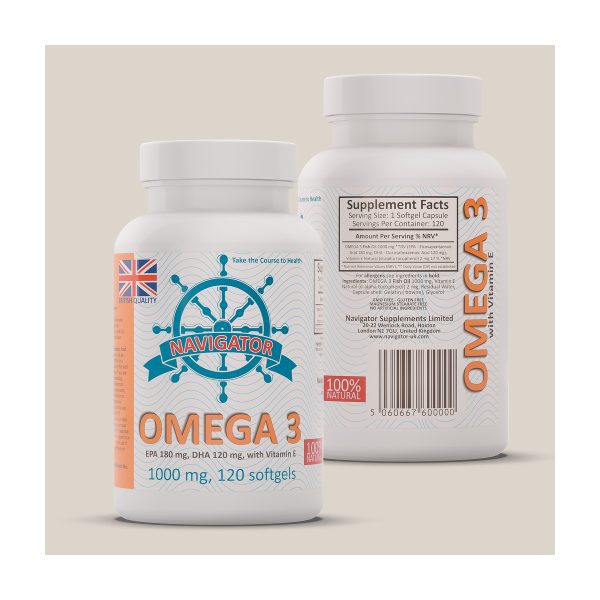 Navigator Omega 3 EPA 180 mg / DHA 120 mg: biala butelka z kapsulkami zelowymi na jasnym tle Navigator Omega 3 EPA 180 mg / DHA 120 mg: biala butelka z kapsulkami zelowymi na jasnym tle