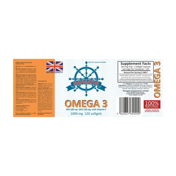 Navigator Omega 3 EPA 180 mg / DHA 120 mg: rozlozona etykieta z tabela wartosci odzywczych Navigator Omega 3 EPA 180 mg / DHA 120 mg: rozlozona etykieta z tabela wartosci odzywczych