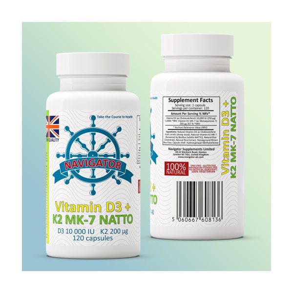 Navigator Witamina D3 10000 IU + K2 MK-7 200 µg 120 kapsułek: butelka na białym tle Navigator Witamina D3 10000 IU + K2 MK-7 200 µg 120 kapsułek: butelka na białym tle