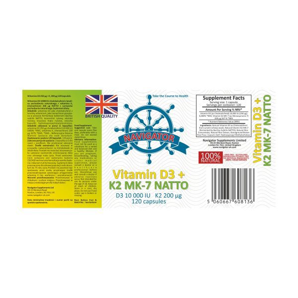 Navigator Witamina D3 10000 IU + K2 MK-7 200 µg 120 kapsułek: etykieta na tylnej stronie opakowania Navigator Witamina D3 10000 IU + K2 MK-7 200 µg 120 kapsułek: etykieta na tylnej stronie opakowania