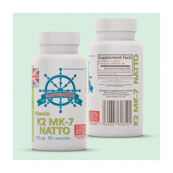 Navigator Vitamin K2 MK-7 200 µg 90 kapsułek: butelka na białym tle Navigator Vitamin K2 MK-7 200 µg 90 kapsułek: butelka na białym tle