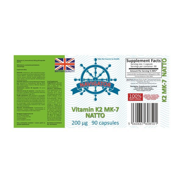 Navigator Vitamin K2 MK-7 200 µg 90 kapsułek: etykieta na tylnej stronie butelki ze składem Navigator Vitamin K2 MK-7 200 µg 90 kapsułek: etykieta na tylnej stronie butelki ze składem