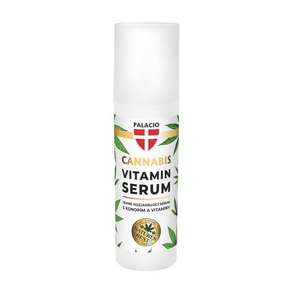 PALACIO Serum witaminowe z konopi 50ml: airless butelka z pompka na jednolitym tle, zdjecie produktowe