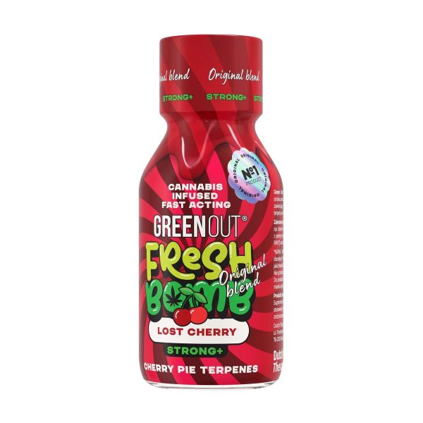 Shot konopny Green Out Fresh Bomb Lost Cherry: butelka Strong+ z okrągłą naklejką Nº1 Produkt Oryginalny