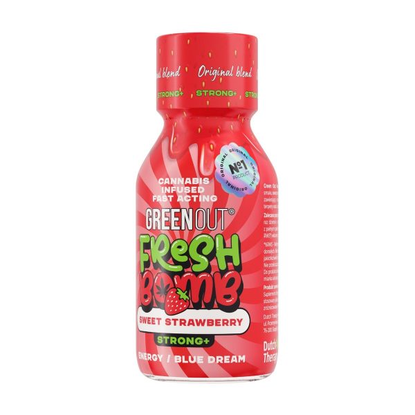 Shot konopny Green Out Fresh Bomb Sweet Strawberry: butelka z plakietką No1 Original na etykiecie