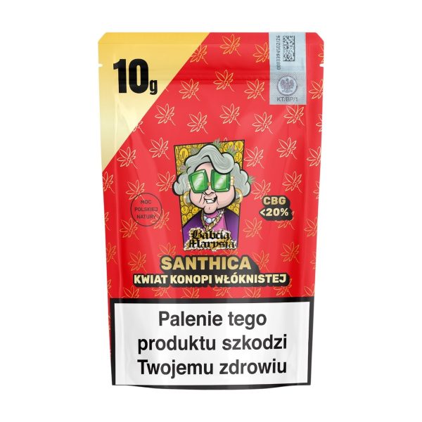 Specjały Babci Marysi Susz Konopny Santhica CBG 10G: przód opakowania na wprost, napis 10g Specjały Babci Marysi Susz Konopny Santhica CBG 10G: przód opakowania na wprost, napis 10g