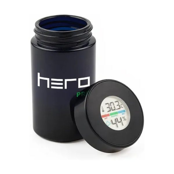 Szklany pojemnik bezzapachowy z higrometrem 150ml HERO PRO: fioletowy sloik z cyfrowym higrometrem, zdjecie produktowe Szklany pojemnik bezzapachowy z higrometrem 150ml HERO PRO: fioletowy sloik z cyfrowym higrometrem, zdjecie produktowe