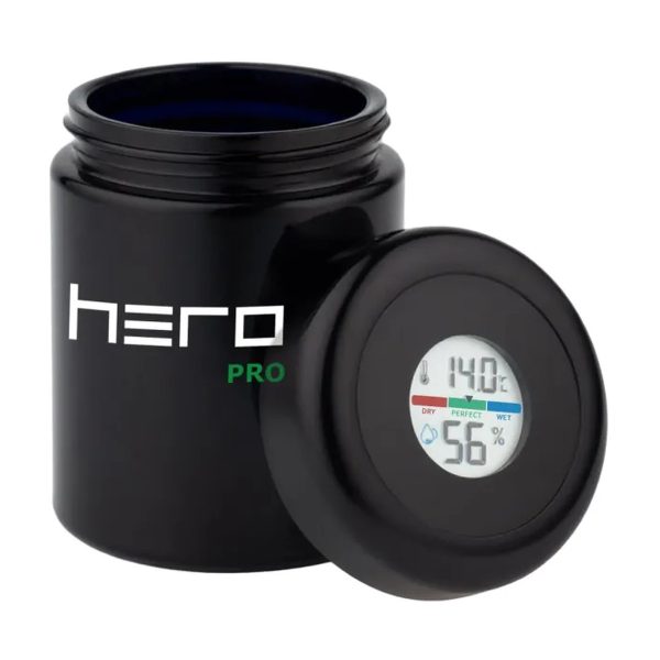 Szklany pojemnik bezzapachowy z higrometrem 250ml HERO PRO: otwarty sloik z odkrecona pokrywka z higrometrem obok Szklany pojemnik bezzapachowy z higrometrem 250ml HERO PRO: otwarty sloik z odkrecona pokrywka z higrometrem obok