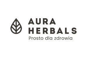 Aura Herbals: czarny symbol liścia w kształcie kropli, napis AURA HERBALS i hasło Prosto dla zdrowia