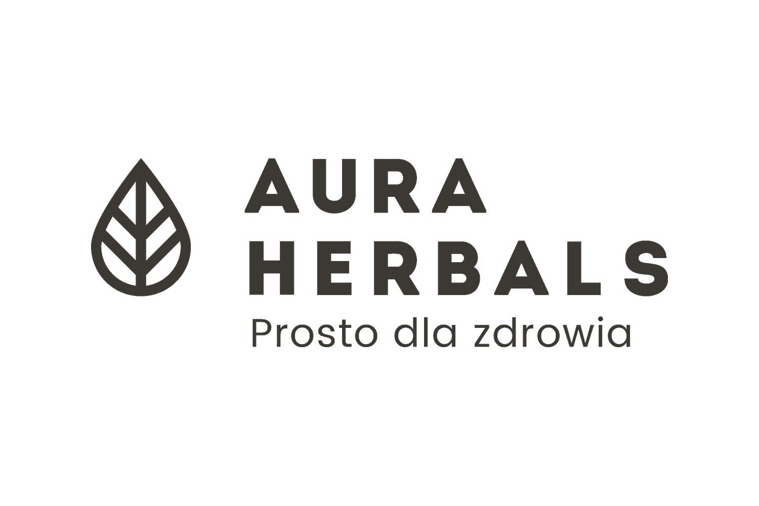 Brands at u Bucha Aura Herbals: czarny symbol liścia w kształcie kropli, napis AURA HERBALS i hasło Prosto dla zdrowia