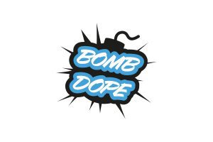BombDope: biały napis BOMB DOPE w niebieskiej obwódce na czarnej bombie z lontem BombDope: biały napis BOMB DOPE w niebieskiej obwódce na czarnej bombie z lontem