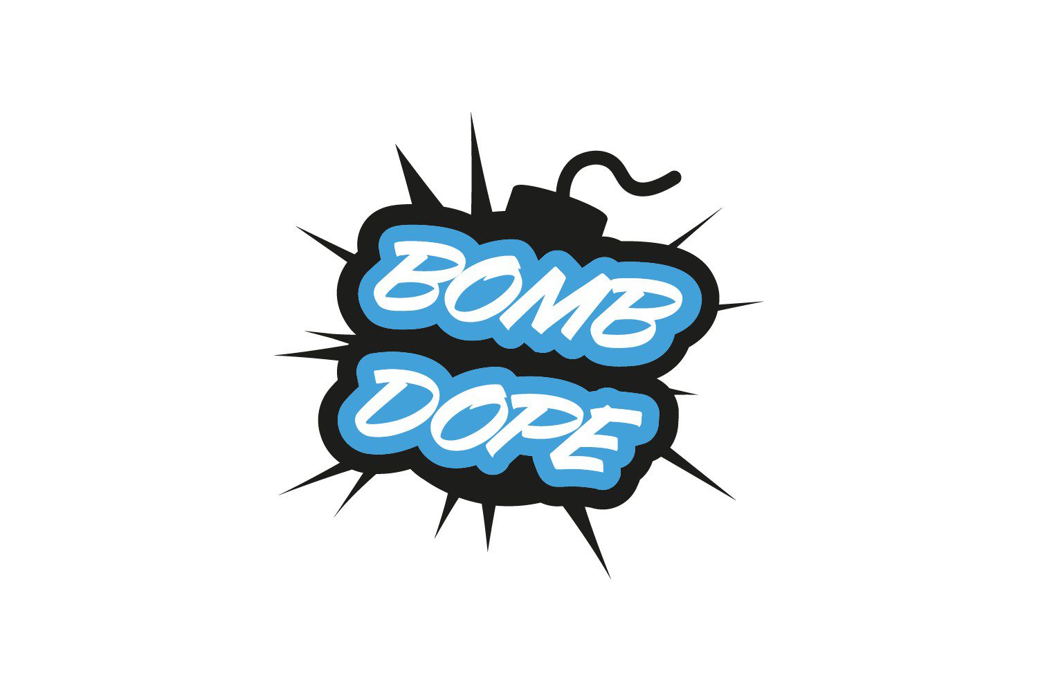 BombDope: biały napis BOMB DOPE w niebieskiej obwódce na czarnej bombie z lontem