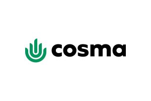 Cosma Cannabis: zielony znak z pionowych kresek w łuku i czarny napis cosma Cosma Cannabis: zielony znak z pionowych kresek w łuku i czarny napis cosma