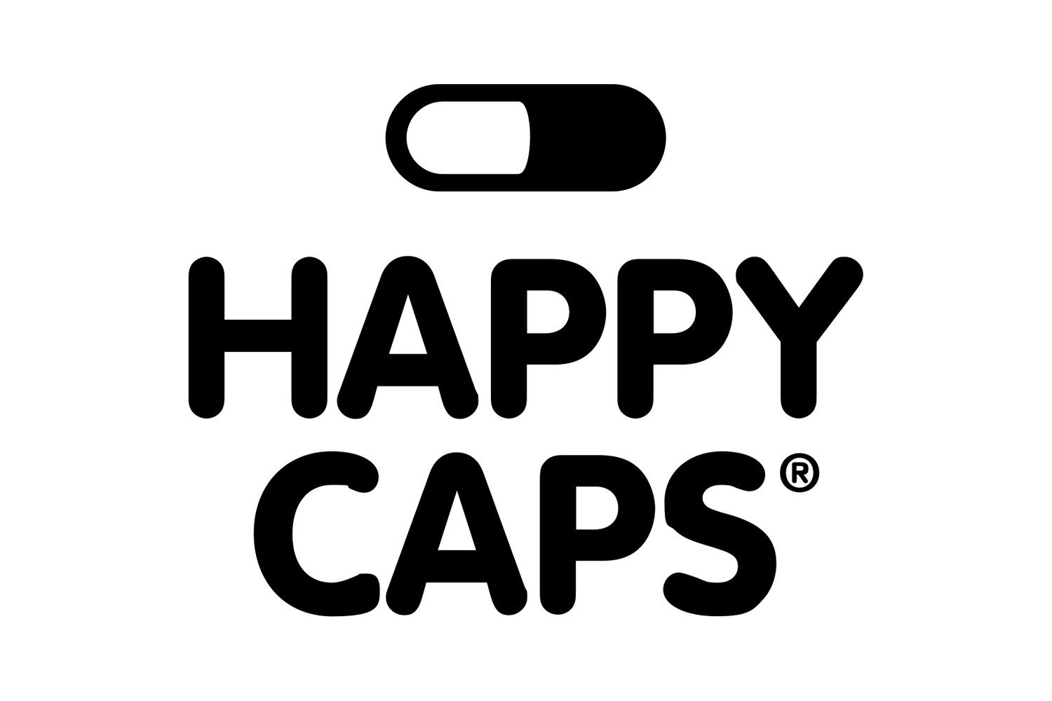 Brands at u Bucha Happy Caps: czarna ikona kapsułki nad napisem HAPPY CAPS w dwóch wierszach, ze znakiem ®