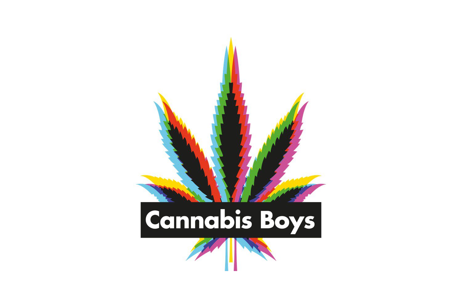 Hemp Shot: czarny liść konopi z kolorowymi obrysami i napis Cannabis Boys na czarnej belce