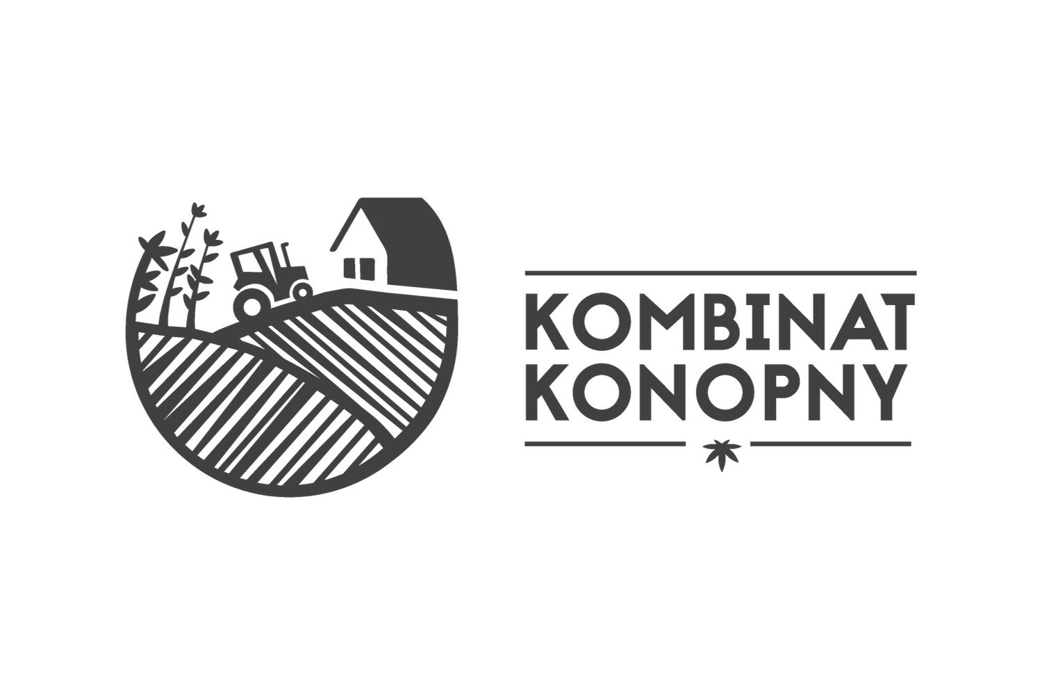 Brands at u Bucha Kombinat Konopny: winieta z polem, traktorem i domem obok napisu KOMBINAT KONOPNY