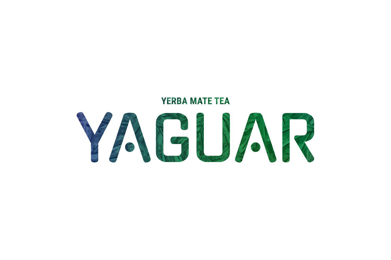 Brands at u Bucha Yaguar: napis YAGUAR z faktury zielono-niebieskich liści, nad nim zielony napis YERBA MATE TEA