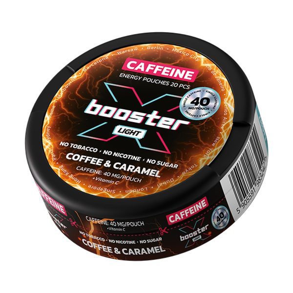 X-booster Woreczki Energetyczne Coffee & Caramel 40mg SNUS: czarna puszka z pomarańczowym wzorem błyskawic